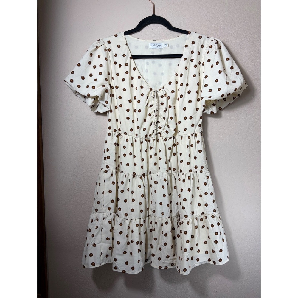Petal + Pup Cream Brown Floral Tiered Mini Dress Puff Sleeve tie front Size 10‎
